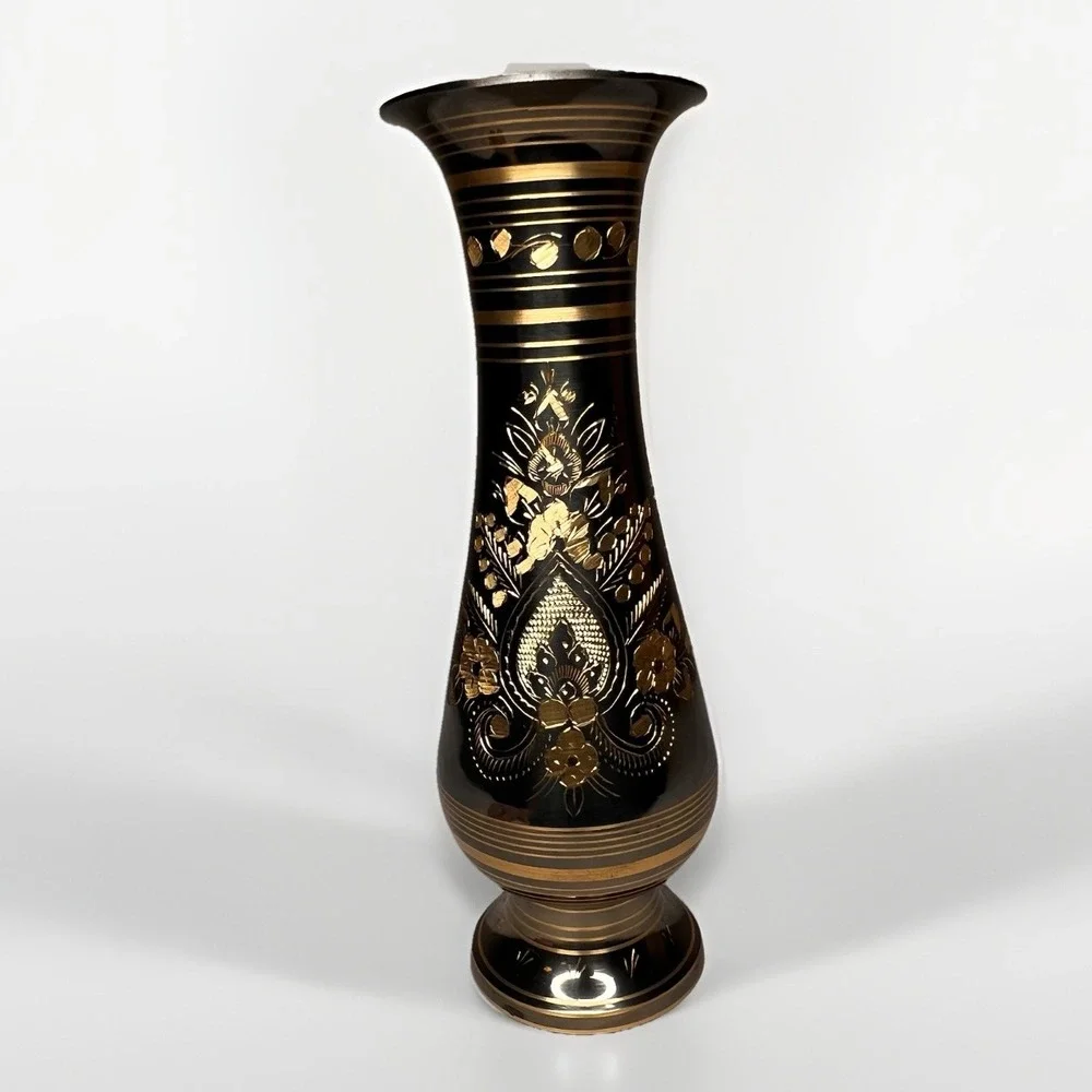 Vintage Black Glass Vase Gold Floral Etched Decor‎ 9